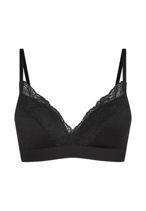 Bralette noire en dentelle avec bretelles réglables, bonnets souples et délicats détails en dentelle florale le long de l'encolure et des côtés.