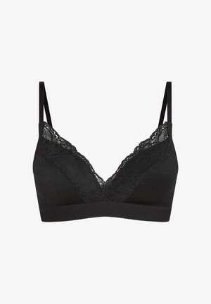 Schwarzes Spitzen-Bralette mit verstellbaren Trägern, weichen Cups und zarten floralen Spitzendetails entlang des Ausschnitts und an den Seiten.