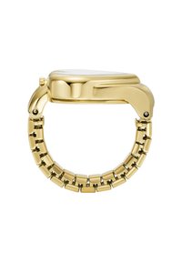 Gold metal watch with a square case and link bracelet design. The finish is shiny with smooth contours and polished links.