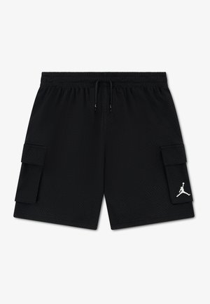 Čierne sieťované šortky s elastickým pásom, šnúrkou na stiahnutie, dvomi klopovými cargo vreckami a bielym logom Jumpman na pravom vrecku.