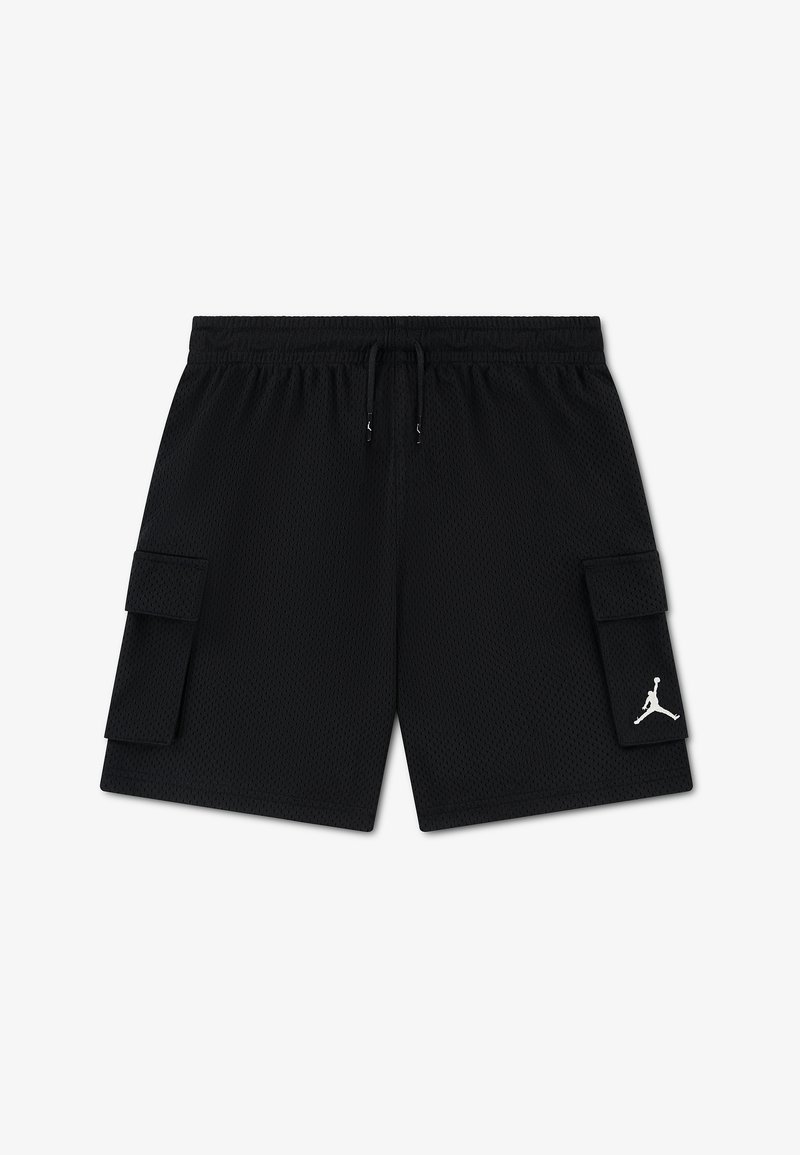 Shorts noirs en mesh avec taille élastique, cordon de serrage, deux poches cargo à rabat et logo Jumpman blanc sur la poche droite.