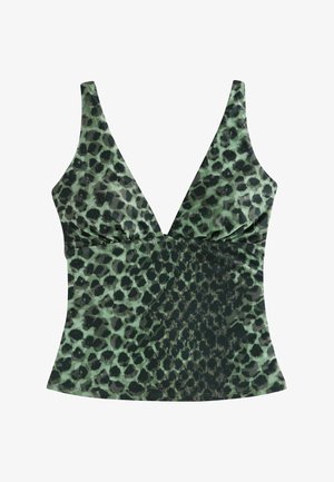 Grøn ærmeløs top med dyb V-hals og sort leopardmønster, tætsiddende ved taljen.