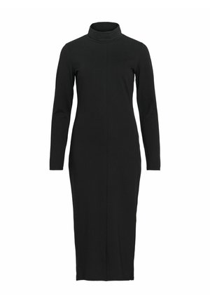 Czarna sukienka z długim rękawem i wysokim kołnierzem, wykonana z elastycznego materiału. Charakteryzuje się dopasowanym krojem i pionowym szwem na środku.