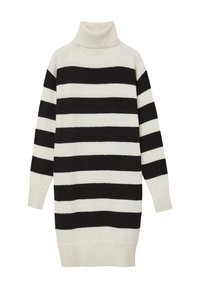 Abito a collo alto a righe in nero e crema. Materiale a maglia morbida con ampie righe orizzontali, spalle scese e polsini e orlo a costine.