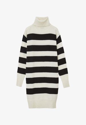 Striped turtleneck dress in black and cream. Soft knit material with wide horizontal stripes, dropped shoulders, and ribbed cuffs and hem.