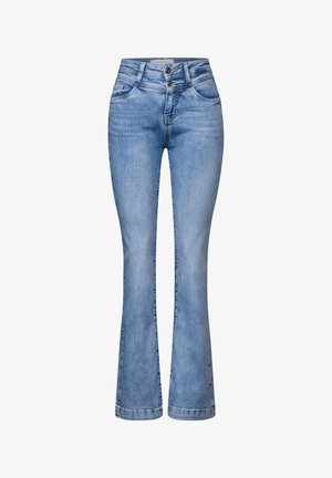 Helle blaue Schlagjeans aus Denim, mit einem Five-Pocket-Design, Knopfverschlüssen und einer leicht ausgewaschenen Textur.