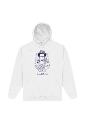 Biała bluza z kapturem z niebieską ilustracją Fridy Kahlo, ozdobiona floralnymi akcentami i motylem, posiadająca przednią kieszeń oraz sznurki w kapturze.