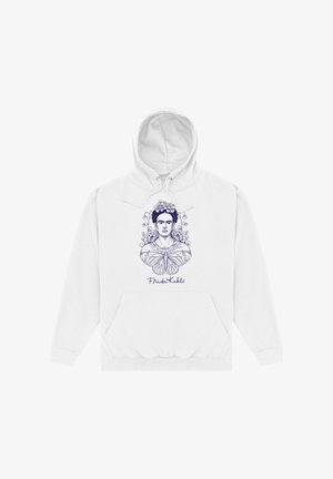 White hoodie featuring a blue illustration of Frida Kahlo with floral accents and a butterfly, complete with a front pocket and drawstring hood.
