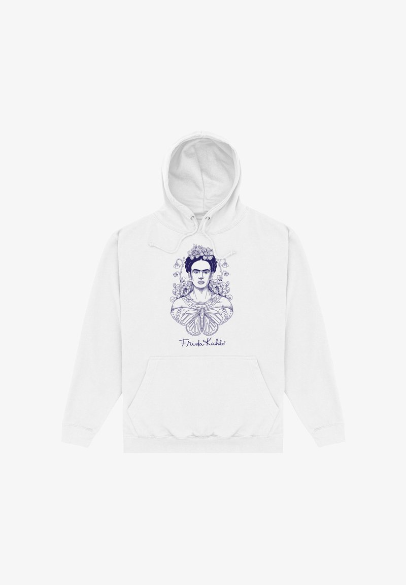 Hoodie blanc avec une illustration bleue de Frida Kahlo, ornée d'accents floraux et d'un papillon, comprenant une poche avant et un capuchon à cordon.