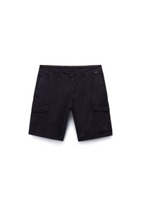 Schwarze Cargo-Shorts aus Baumwollmischung, mit zwei Seitentaschen, zwei vorderen Cargotaschen und einem Knopfverschluss. Glatte Textur.