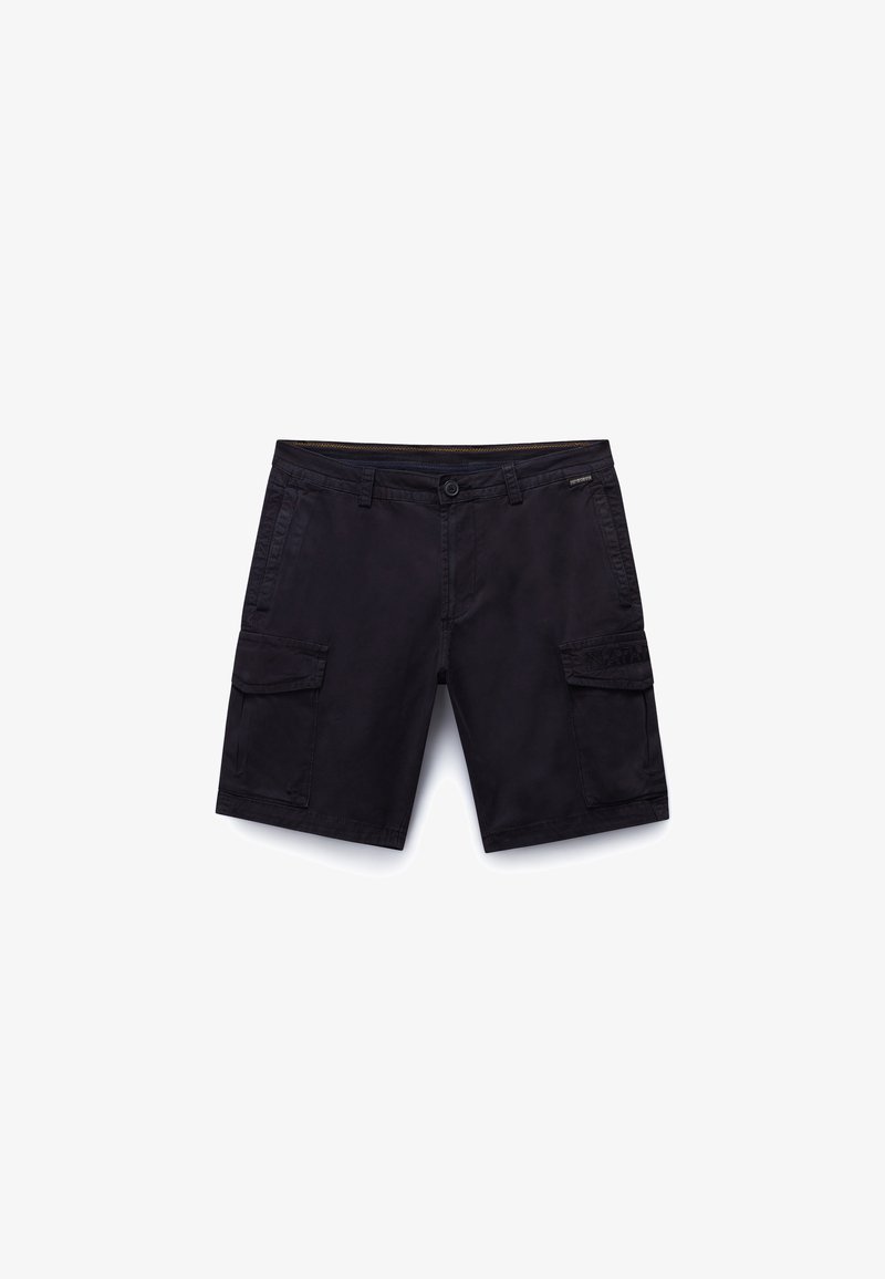 Schwarze Cargo-Shorts aus Baumwollmischung, mit zwei Seitentaschen, zwei vorderen Cargotaschen und einem Knopfverschluss. Glatte Textur.