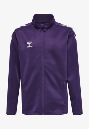 Purple zip-up jacket made of smooth fabric with a high collar. Features white chevron accents on sleeves and a logo on the chest.