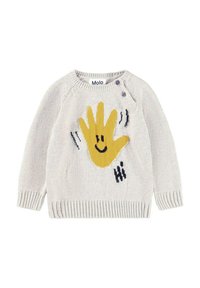 Ljust grå stickad tröja med en gul handgrafik och texten "Hej", med ribbade muddar och rund halsringning. Två knappar på axeln.