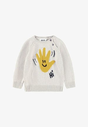 Suéter de punto gris claro con un gráfico de mano amarilla y el texto "Hola", con puños acanalados y escote redondo. Dos botones en el hombro.