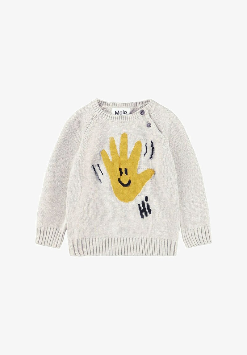 Jasnoszary sweter z dzianiny z żółtą grafiką dłoni i napisem "Cześć", z prążkowanymi mankietami i okrągłym dekoltem. Dwa guziki na ramieniu.