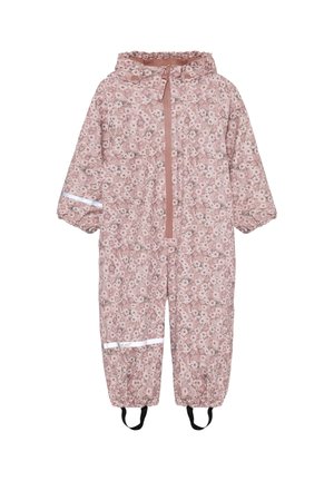Tuta da neve per bambini con cappuccio, fantasia floreale rosa, cerniera anteriore, polsini elastici, strisce riflettenti su maniche e gambe e fascette nere sotto i piedi.