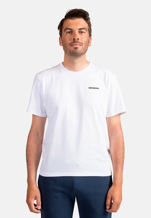 Weißes Baumwoll-T-Shirt mit kurzen Ärmeln und Rundhalsausschnitt, mit einem kleinen schwarzen "ROSSIGNOL"-Logo auf der linken Brust.