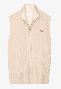 Gilet senza maniche beige con chiusura a zip, design a trecce, interno morbido, orlo a coste e logo ricamato sul petto.