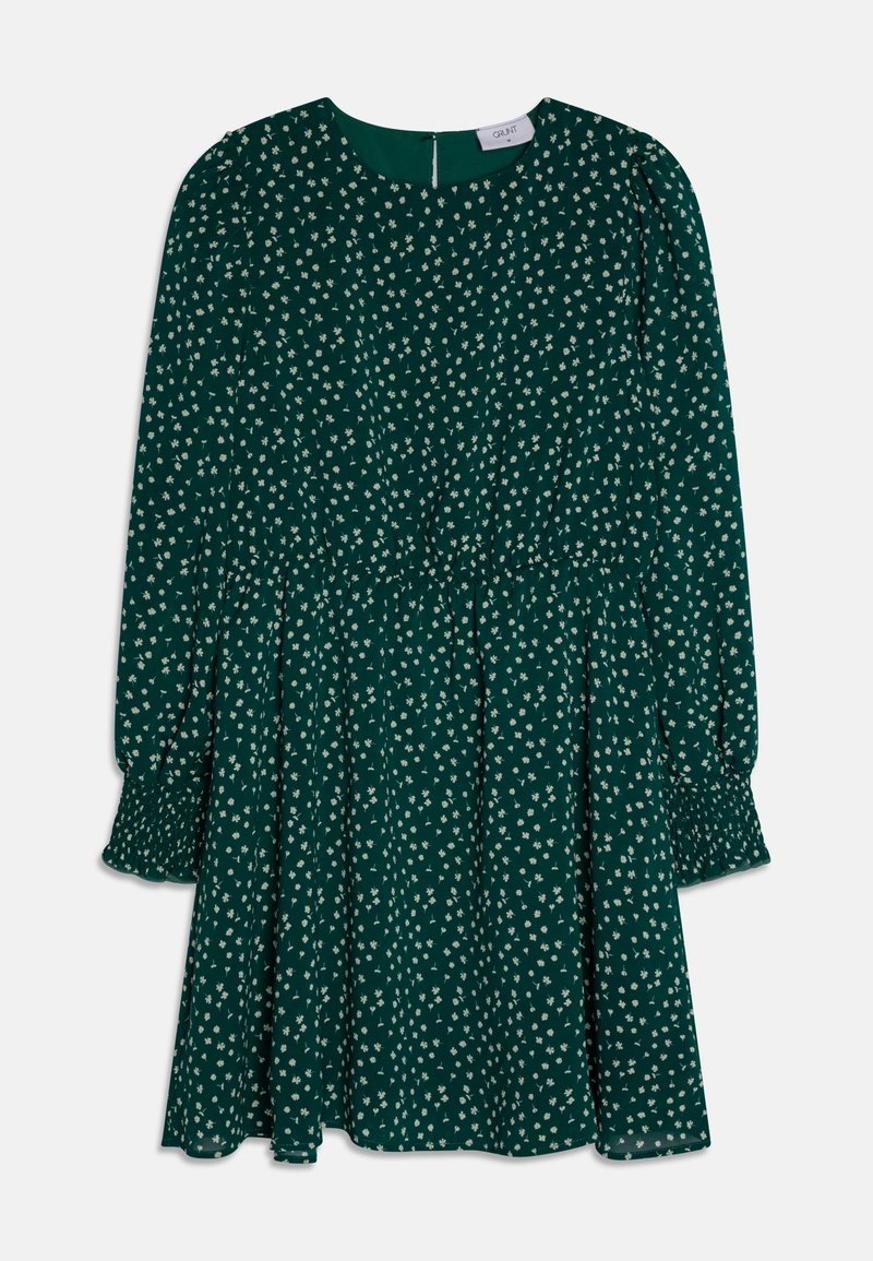 Zielona sukienka z białym kwiatowym nadrukiem, długimi rękawami, okrągłym dekoltem i marszczoną talią. Posiada suwak z tyłu oraz teksturowane mankiety rękawów.