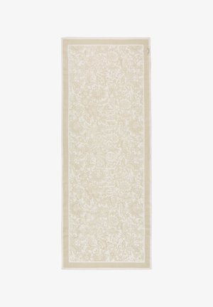 Beige and ivory rectangular scarf with intricate floral and foliage pattern throughout and a narrow border.