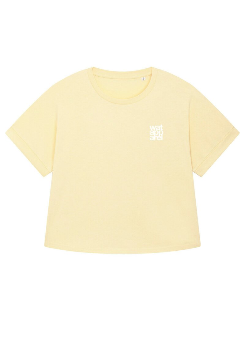 Geel, kortärmige T-shirt gemaakt van zachte katoen. Heeft een ronde hals en een wit bedrukt logo op de linkerkant van de borst.