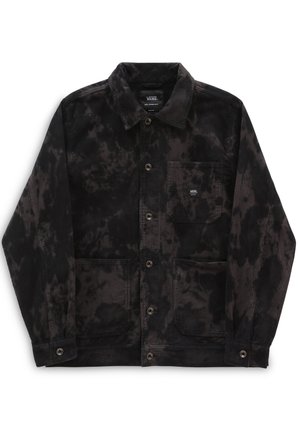 Czarna i ciemnoszara kurtka sztruksowa w stylu tie-dye z zapięciem na guziki, trzema przednimi kieszeniami i naszywką z logo Vans na kieszeni piersiowej.