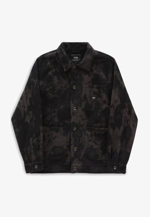 Sort og mørkegrå tie-dye fløjlsjakke med knapper foran, tre forlommer og et Vans-logo på brystlommen.