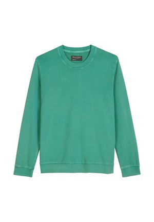 Groene katoenen sweatshirt met lange mouwen, ronde hals en geribbelde manchetten. Soepele textuur en geen zichtbare patronen of versieringen.