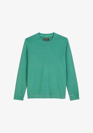 Grüner Baumwoll-Sweatshirt mit langen Ärmeln, Rundhals und gerippten Bündchen. Glatte Textur und keine sichtbaren Muster oder Verzierungen.