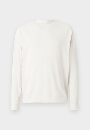 Weißes Sweatshirt mit langen Ärmeln und geripptem Stoff, Rundhalsausschnitt und Bündchenärmel. Mit einem lockeren Schnitt und subtilen Nähedetails.