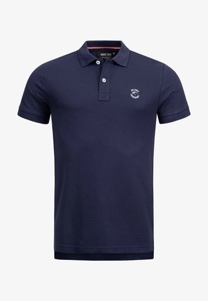 Navy blue polo shirt made of cotton with a classic collar, two-button placket, and embroidered logo on the chest. Short sleeves.