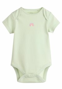 Bodysuit pour bébé vert clair à manches courtes avec un détail brodé d'arc-en-ciel pastel. Boutons en bas pour un change facile. Matière en coton douce.