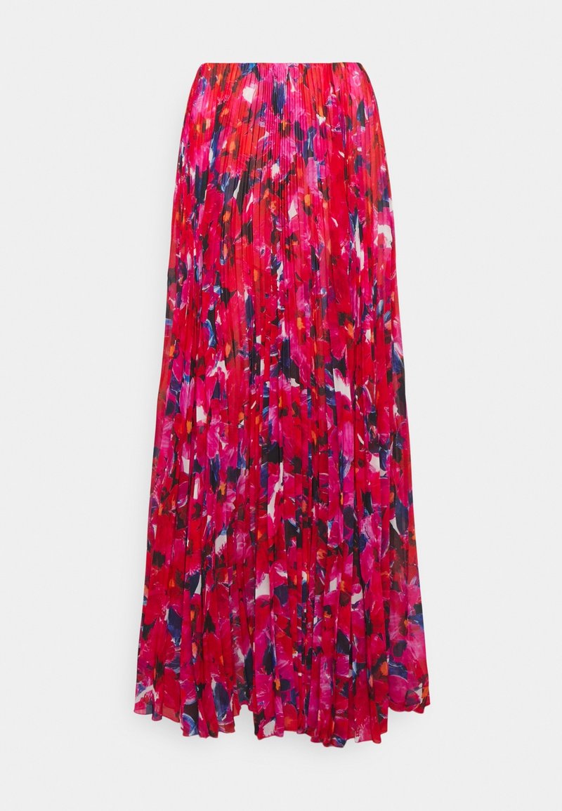 Faltender Maxirock mit lebendigem rot-rosa Blumendesign und dunklen blauen Akzenten. Hergestellt aus leichtem Stoff, zeichnet er sich durch ein schwingendes Design aus.