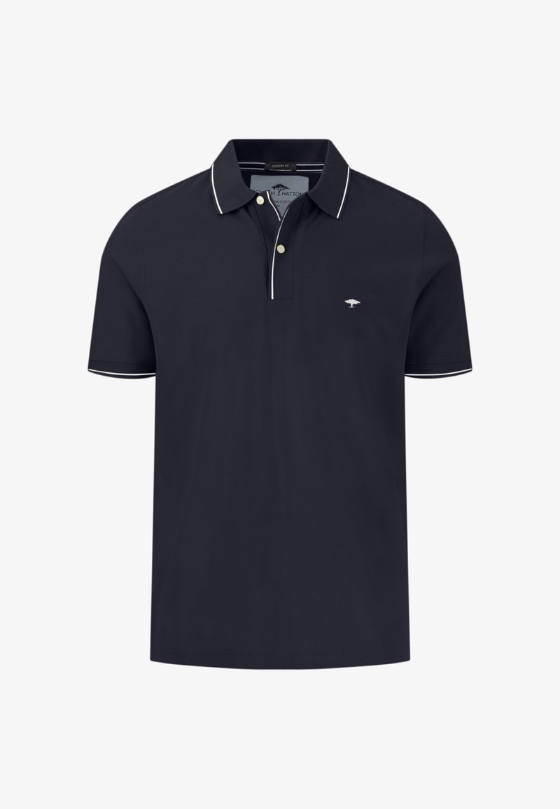 Marineblauwe polo gemaakt van katoen met een klassieke kraag, een placket met twee knopen, witte accenten langs de kraag en mouwen, met een klein logo.