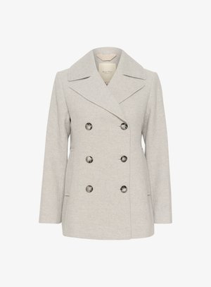 Dvojité šedé vlněné sako s velkými knoflíky, klopami a bočními kapsami. Hladká textura s upraveným designem.