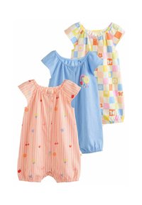 Drei Babystrampler: einer in Pink mit Streifen und Blumenmuster, einer in einfarbig Blau und einer in einem mehrfarbigen karierten Design. Aus weicher Baumwolle, mit kurzen Ärmeln und elastischen Bündchen.