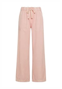 Roze wijde broek met een elastische taille en trekkoord. Voorzien van twee zijzakken en een gladde, gestructureerde stof.
