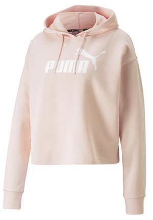 Sweat à capuche Puma rose clair avec manches longues, capuche à cordon de serrage et logo Puma blanc imprimé sur la poitrine.