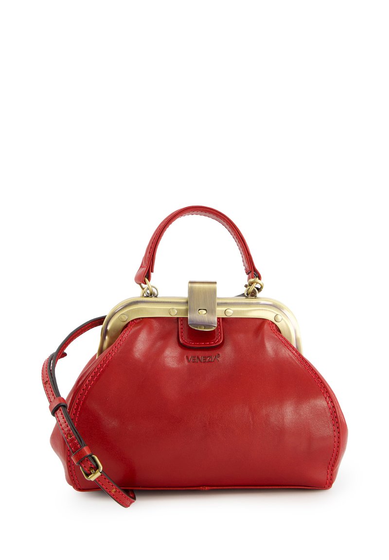 Red leather handbag with a rounded shape, gold metallic clasp and hardware, short handle, and an adjustable shoulder strap.