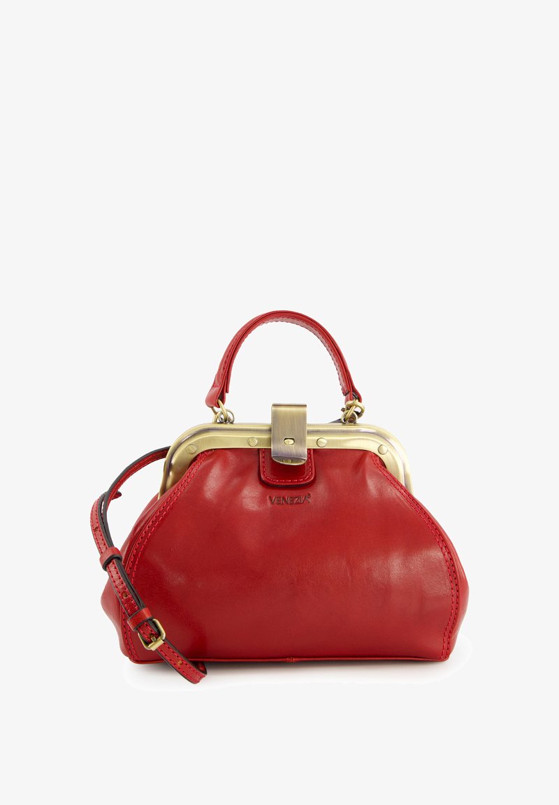Red leather handbag with a rounded shape, gold metallic clasp and hardware, short handle, and an adjustable shoulder strap.