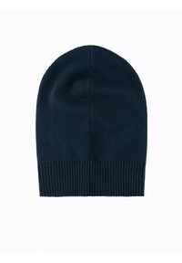 Gorro de lana azul marino con una textura suave, parte superior redondeada y un puño acanalado. Diseño simple, adecuado para varios atuendos casuales.