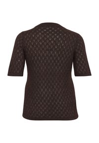 Brown short-sleeve sweater with a loose, airy knit pattern and textured diamond design. Rounded neckline and ribbed hem for structure.