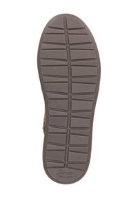 Semelle de chaussure en caoutchouc marron avec un motif de grip texturé, présentant des rainures rectangulaires et diagonales, marquée avec la taille "42" et le logo de la marque.