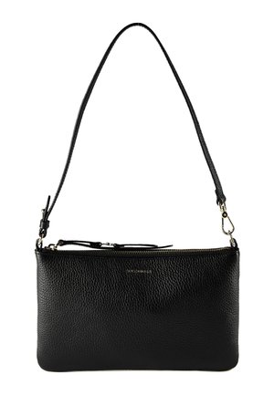 Sac à bandoulière en cuir noir texturé avec fermeture éclair dorée et sangle réglable, forme rectangulaire, petit logo embossé à l'avant.