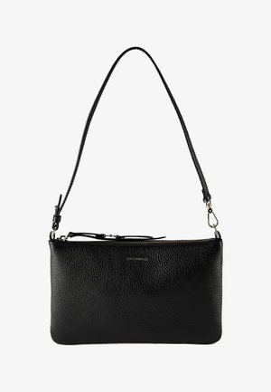 Schwarze Schultertasche aus strukturiertem Leder mit goldfarbenem Reißverschluss und verstellbarem Riemen, rechteckige Form, kleines eingeprägtes Logo auf der Vorderseite.