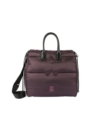 Borsa viola imbottita con manici in pelle nera e tracolla removibile. Presenta motivi cuciti e un logo ricamato sulla parte anteriore.