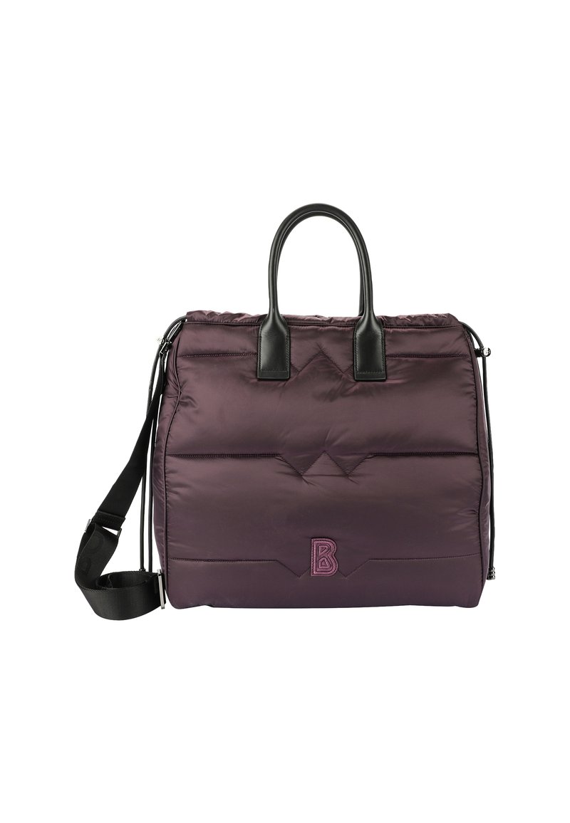 Padded vijolična torba z črnimi usnjenimi ročaji in snemnim trakom. Ima šivane vzorce in šivan logotip spredaj.