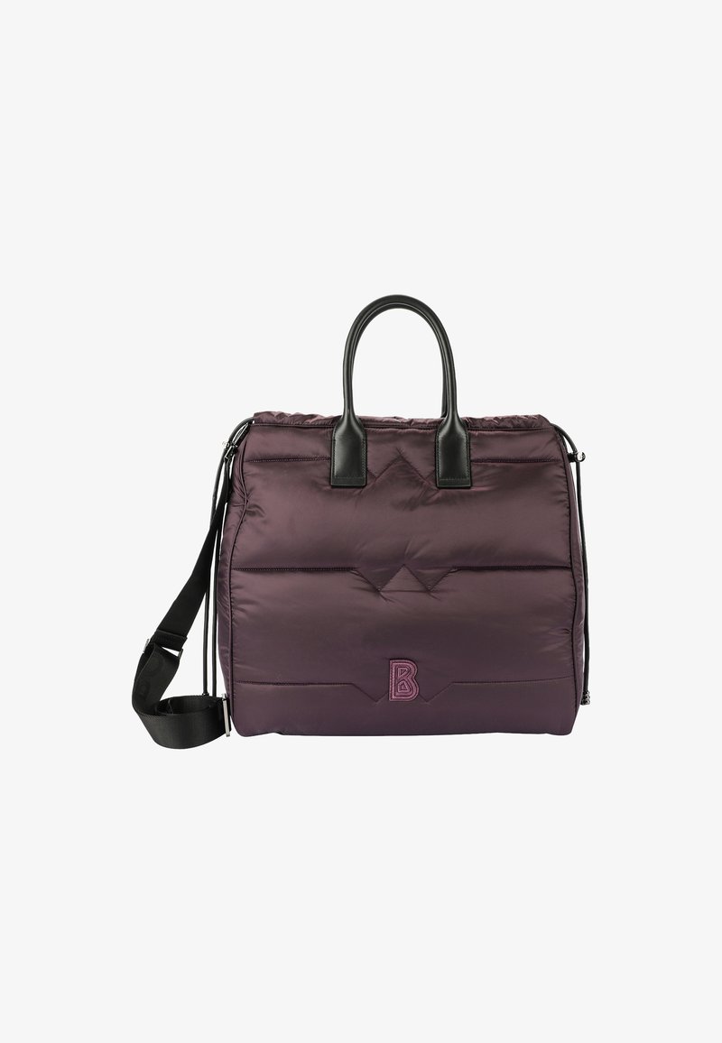 Padded purpurowa torba z czarnymi skórzanymi uchwytami i odczepianym paskiem. Posiada przeszyte wzory oraz wyszywane logo z przodu.