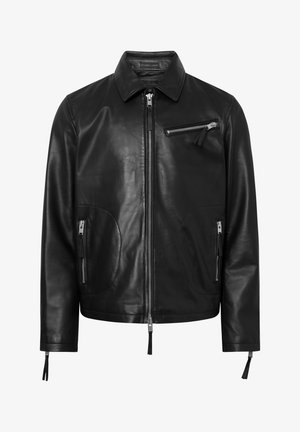 Black leather jacket with a classic collar, front zip closure, and two side pockets. Features a zippered chest pocket and textured finish.