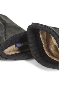 Sorte skinnhansker med myk strikket innside og en lys beige stoffforing. Hanskene har en tett passform og en glatt ytterside.